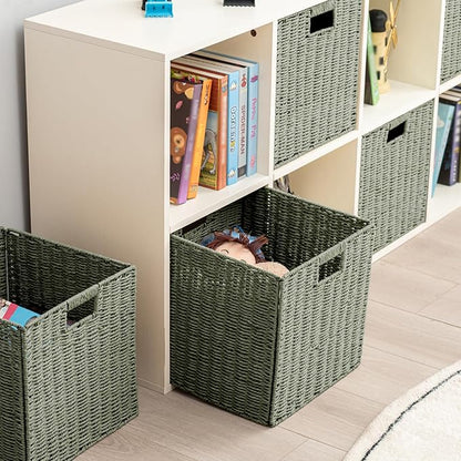 Handwoven Paper Woven Cube Basket Organizer with Handles set of 4 Foldable Storage baskets for Bedroom Living Room Cubby Storage Units for Clothes Books Toys (Green, 13" L x 13" W x 13" H)
