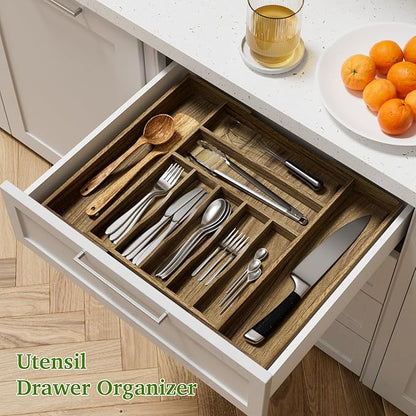 Kiasthome Acacia Wood Kitchen Silverware Drawer Organizer, Expandable Utensil Cutlery Drawer Organizer with Dividers, Flatware Organizer Silverware Tray for Spoon, Fork, 13''-20''x16.9'' (7-9 Slots)