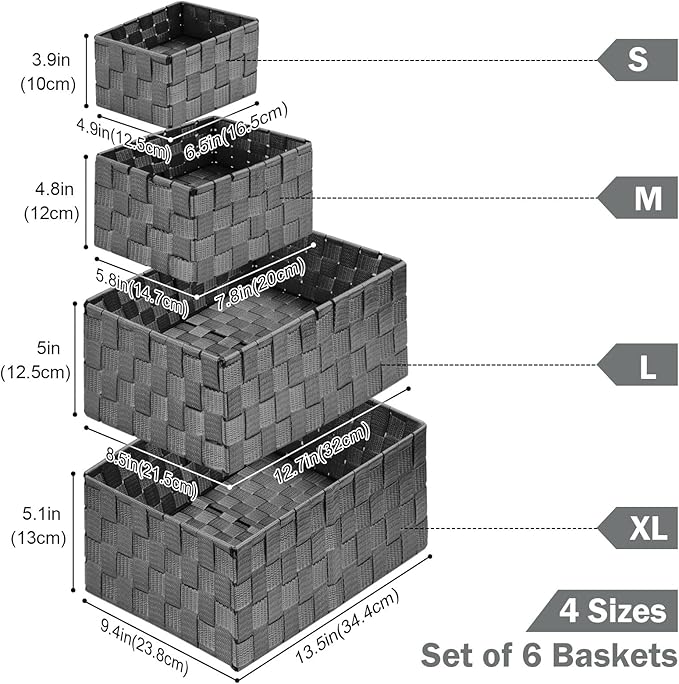 Woven Storage Baskets, Storage Bins, Cube Basket Container Baskets Storage Boxes Organizers for Clothes/Shelves/Closet, Set of 6 (Grey)