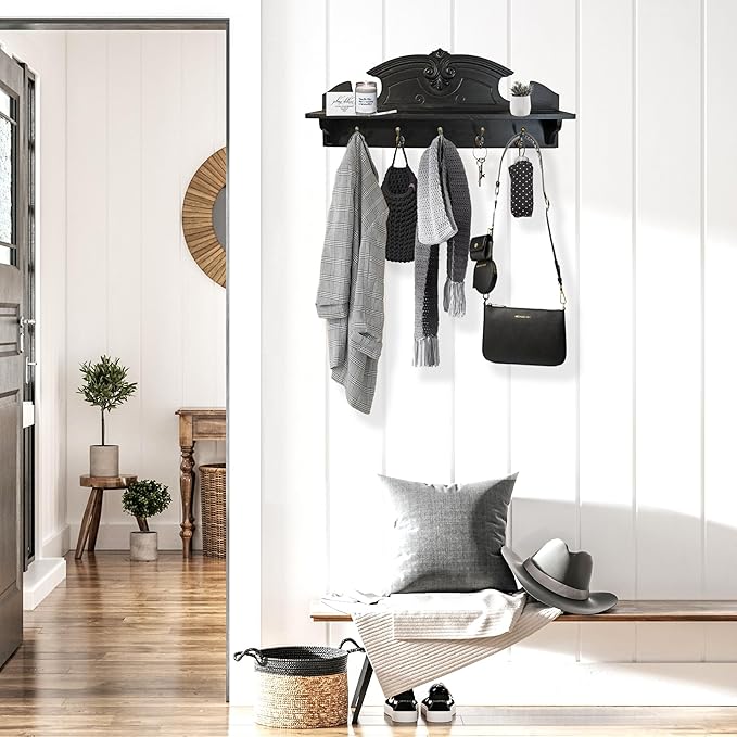 Felt Creative Home Goods Coat Hanger Wall Mount with Shelf Gorgeous 24" Farmhouse Coat Rack with 5 Hooks and Floating Shelf for Entryway, Jackets, Robes, Purses, Keys (Solid Black Pine)