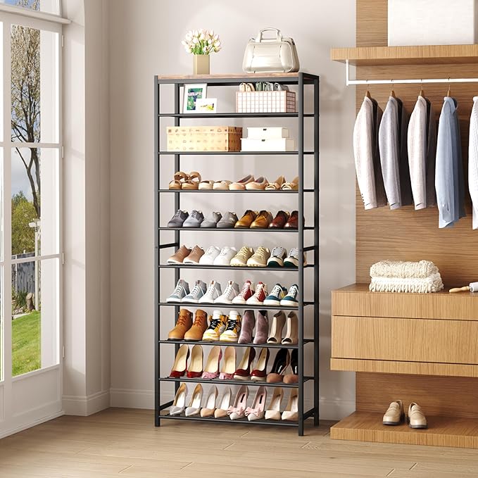 HOMEFORT 10 Tiers Shoe Rack Organizer,30" Shoe Storage Shelf for Closet, Shoe Rack for Entryway,Holds 36-40 Pairs of Shoe, Tall Shoe Stand with Metal Shelves and MDF Top Board,Rustic Brown