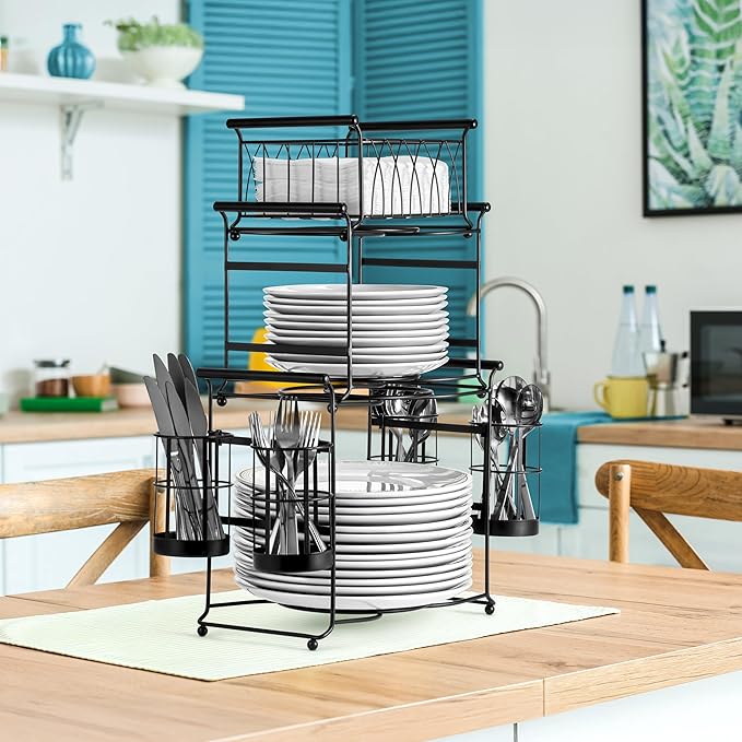Sorbus® Buffet Caddy — 7-Piece Stackable Set Includes Plate, Napkin, and Silverware Holder, 3-Tier Detachable Tabletop Organizer — Ideal for Kitchen, Dining, Entertaining, Parties,Thanksgiving (Black)
