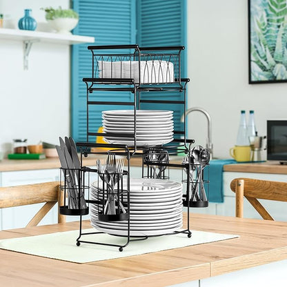 Sorbus® Buffet Caddy — 7-Piece Stackable Set Includes Plate, Napkin, and Silverware Holder, 3-Tier Detachable Tabletop Organizer — Ideal for Kitchen, Dining, Entertaining, Parties,Thanksgiving (Black)
