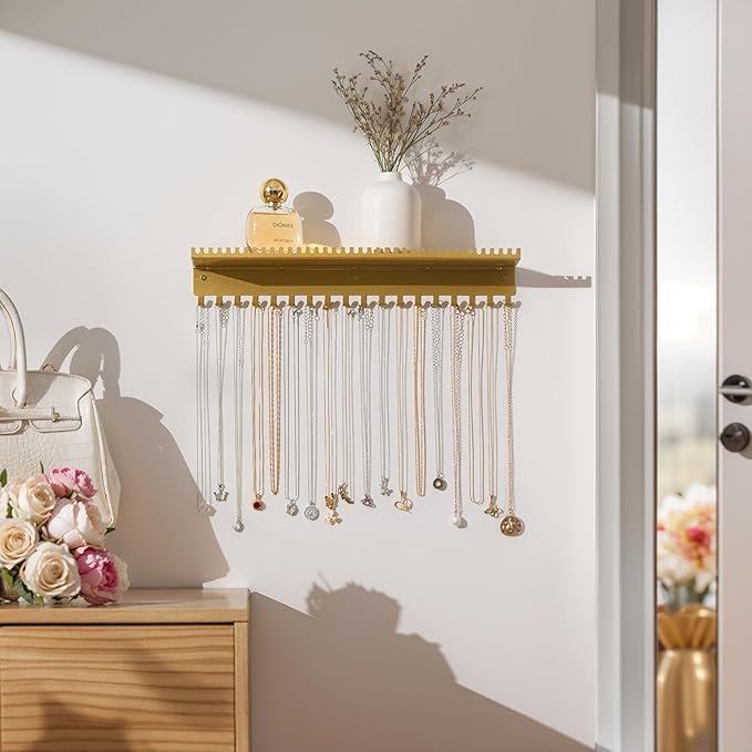Necklace Holder Wall Hanging Organizer: Wall Mounted Jewelry Shelf with 56 Hooks and Tray, Display Hanger for Kids, Girls and Women, Gold & Metal