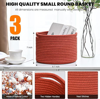 ICERZCZ Small Storage Baskets for Organizing, Organizer Bins for Shelves, Small Woven Baskets for Storage, Red Baskets for Gifts, Organization Bins, Baskets for Decor, 9.7"×9.7"×7" (3 Packs) Brick Red