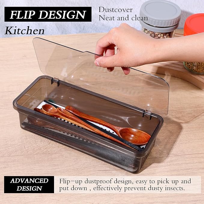 4PCS Flatware Tray with Lid and Drainer, Tableware Utensil and Cutlery Drawer Organizer with Lid Covered Silverware Tray to Keeps Your Cutlery Organized and Protected