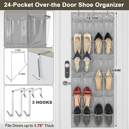 Over The Door Shoe Organizer - Space Saving Shoe Rack for Closet Door with 24 Crystal Clear Pockets and Metal Hooks, Shoe Holder Back of Door Organizers for Shoes, Gray Hanging Shoe Organizer (Gray)