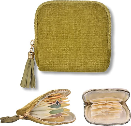 Vintage women's coin wallet jewelry storage bag, metal zipper multi-layer travel storage box, earrings, rings, necklaces, elegant storage bag, neutral Christmas and birthday gifts (yellow-green)