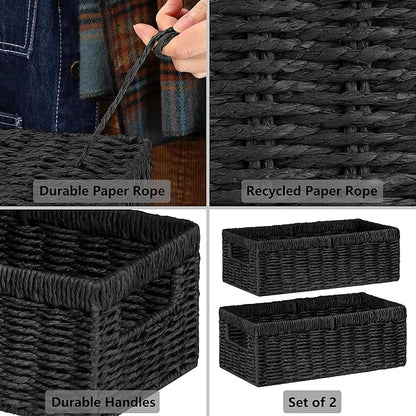 Vagusicc Wicker Storage Basket, Set of 2 Hand-Woven Paper Rope Wicker Baskets for Organizing Decor Storage Bins for Counter Shelves Pantry Basket Small Toilet Paper Basket for Toilet Tank Top, Black