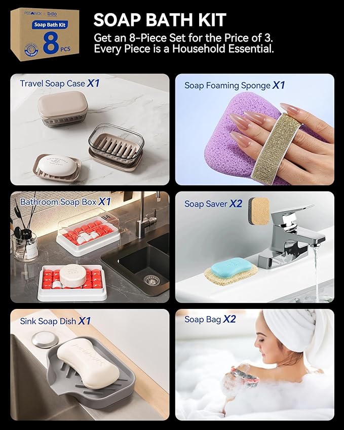 PEISAINOX Travel Soap Case, Leakproof Soap Container with Lid, Portable Bar Soap Holder for Traveling, Soap Dishe for Bathroom, Shower, Gym, School, Camping, Vacation, Outdoor (Clear&Gray)