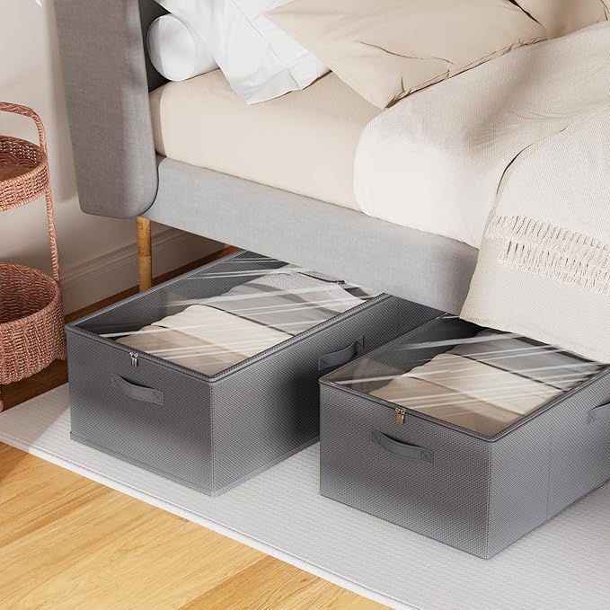 10inch 3 Pack Under Bed Storage Containers, 10 Inch Tall Underbed Clothes Storage Organizer Bin with Clear Window，Foldable Box Basket for Clothes, Closet, Bed Sheets and Blankets Gray