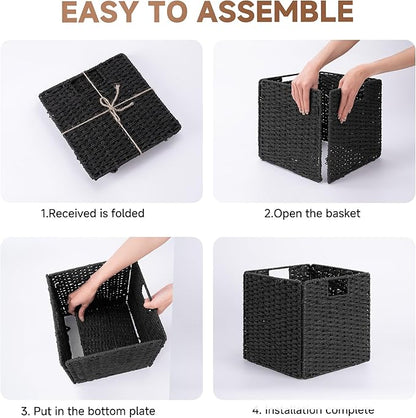 StorageWorks 11 inch Wicker Baskets, Handwoven Storage Cubes with Handles, Foldable Paper Rope Basket for Organizing, Black, 2 Pack