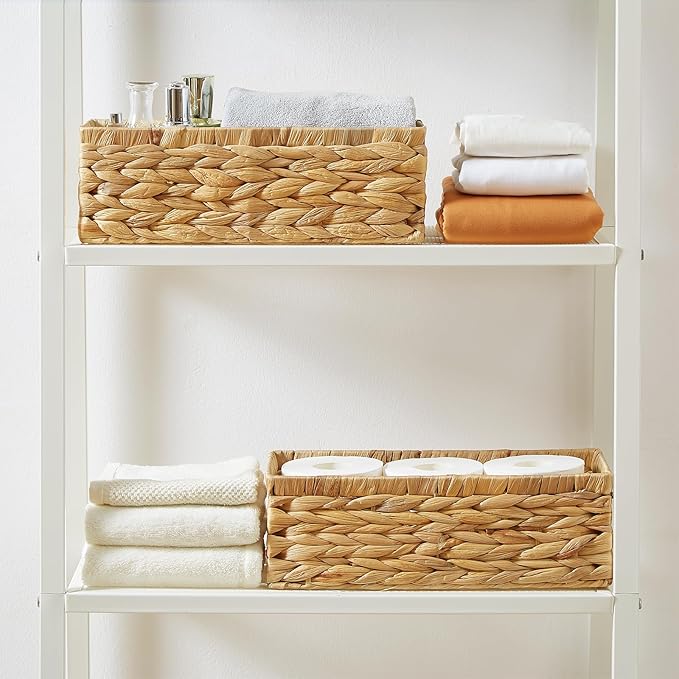 Vagusicc Water Hyacinth Wicker Storage Basket With Handles, Toilet Paper Basket for Tank Top, Small Baskets for Organizing Shelves, 2-Pack