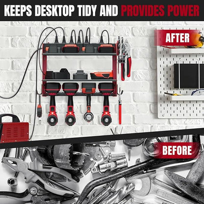 Modular Power Tool Organizer Wall Mount with Charging Station, 3-Layer Heavy Duty Drill Holder Rack & 8-Outlet Power Strip for Garage Workshop Storage