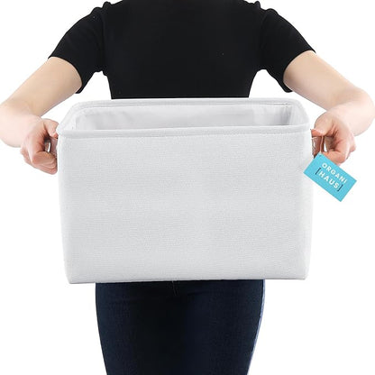 OrganiHaus 15x11in Canvas Storage Baskets 3 Pack | LARGE Fabric Bins for Shelves | Closet & Bedroom Storage | Full Off-White