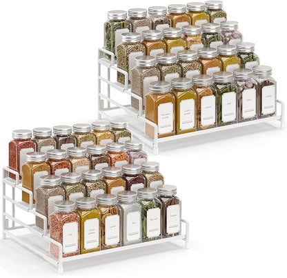 RUILALIFE 4-Tier-Spice-Rack-Organizer-for-Cabinet, Adjustable Depth Spice Holder Shelf For Countertop Pantry Cupboard, Metal Tiered Seasoning Organizer,Display Shelf Riser (White-2 Pack)