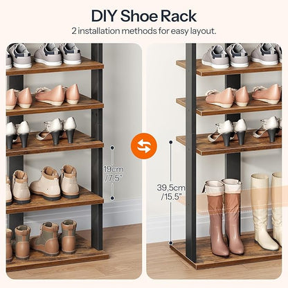 HOOBRO 10 Tiers Vertical Shoe Rack, Wooden Shoe Storage Organizer with Hooks, Narrow Shoe Tower for 20 Pairs, Space Saving, for Entryway, Living Room, Bedroom, Rustic Brown FG140XJ01