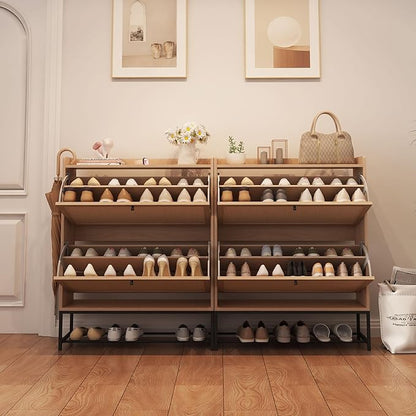 AVZEAR Narrow Shoe Storage Cabinet for Entryway with 2 Flip Drawers, Freestanding Shoe Cabinet with Natural Linen Panel, Slim Wood Shoe Organizer Closed Shoe Rack for Hallway, Foyer, Natural