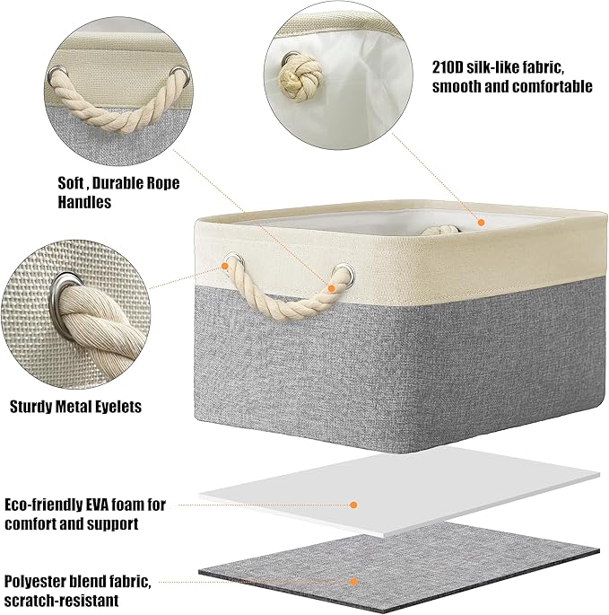 Simple Houseware 15.7" x 12" Wide & Low Fabric Storage Bin for Shallow Gaps and Closet, Braided Handles, 3 Pack, Gray