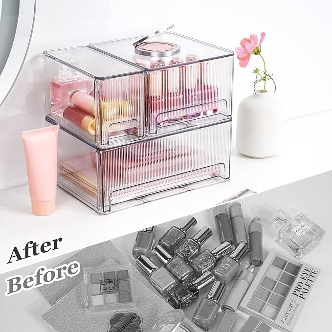 Clear Stackable Makeup Organizer, 3 Pack Plastic Drawer Storage with Handle for Vanity Bathroom Countertop, Transparent
