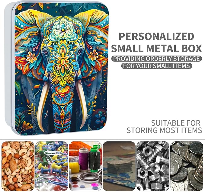 Metal Tin Box Sturdy Metal Storage Box with Lid, Large Container Holder for TCG Cards,Car Keys,Cookies,Tin Containers for Gift,5.0x3.7x1.6 Inch,Exquisite Pattern Design(Flower Elephant)