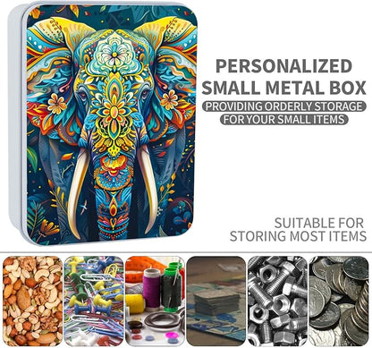 Metal Tin Box Sturdy Metal Storage Box with Lid, Large Container Holder for TCG Cards,Car Keys,Cookies,Tin Containers for Gift,5.0x3.7x1.6 Inch,Exquisite Pattern Design(Flower Elephant)