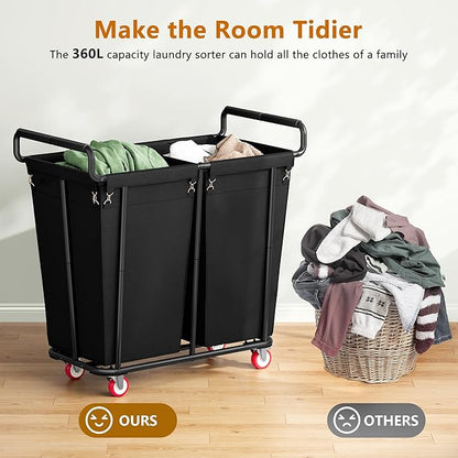 Gewudraw Large Laundry Hamper with Wheels, 2 Bag 360L Big Rolling Laundry Basket Sorter Cart, Extra Large Clothes Hamper, Heavy Duty Laundry Basket Organizer for Laundry Room, Bathroom