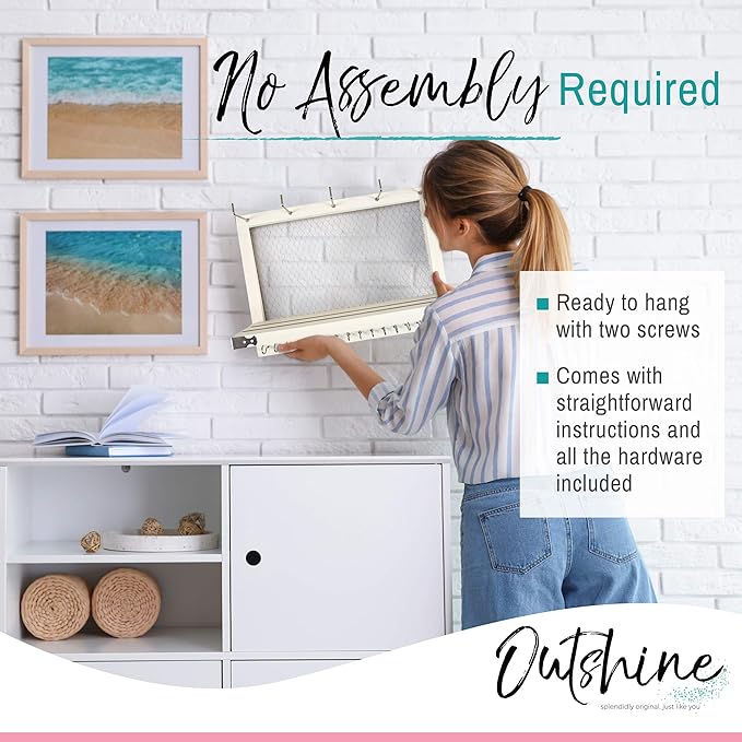 OUTSHINE Large Farmhouse Wall Jewelry Organizer (White) | Wall Organizer For Earrings, Necklace, Bracelet, Hair Accessories | Chicken Wire Earring Holder | For Women, Wife, Mom, Girlfriend