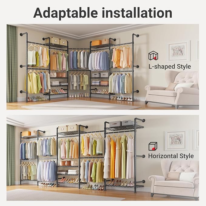 Timate L5 Expandable Closet Rack Wall Mount for Corner, L Shape Heavy Duty Hanging Garment Rack Clothing Rack with 8 Adjustable Shelves & 4 Hanger Rods, Closet System for Hanging Clothes, Black