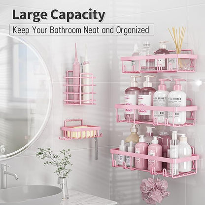 Liuoud 5 Pack Shower Caddy Organizer Rack Shelf for Inside Shower, Adhesive Bathroom Wall Storage Basket Rustproof Stainless Steel Shampoo Holder, Girly Bathroom Accessory Decor Set, Pink