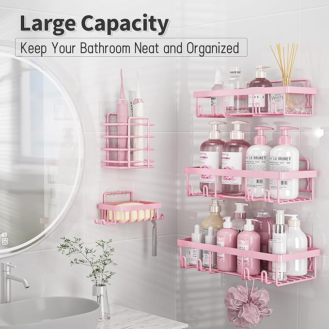 Liuoud 10 Pack Shower Caddy Organizer Rack Shelf for Inside Shower, Self Adhesive Wall Storage Basket Rustproof Stainless Steel Shampoo Holder Bathroom Accessory Decor Set, Pink
