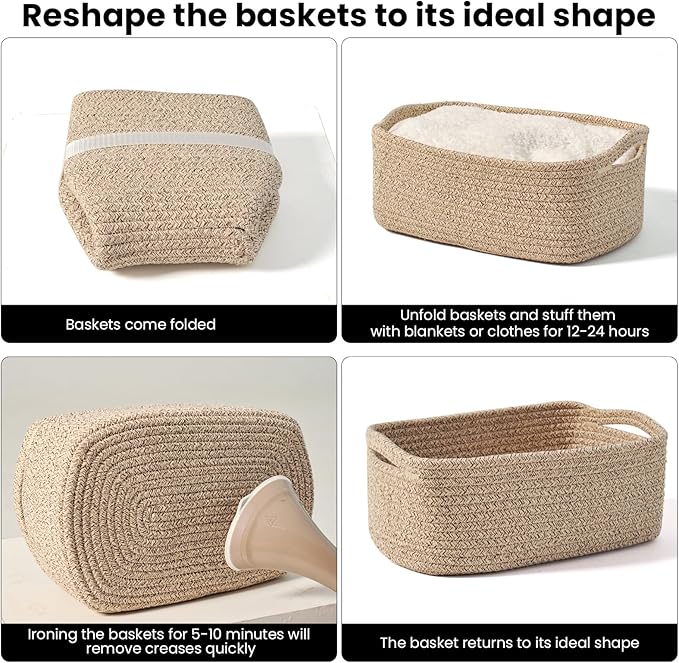 ICERZCZ Small Baskets for Organizing, Woven Storage Baskets for Shelves, Small Rope Basket for Storage, Decorative Little Baskets for Gifts Empty, 13"×8.5"×5.1" (3 Packs) Brown