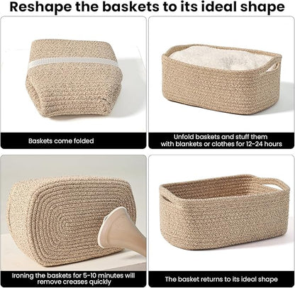 ICERZCZ Small Baskets for Organizing, Woven Storage Baskets for Shelves, Small Rope Basket for Storage, Decorative Little Baskets for Gifts Empty, 13"×8.5"×5.1" (3 Packs) Brown