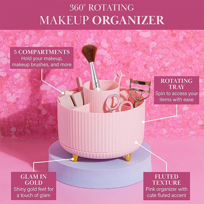 Paris Hilton 360° Rotating Makeup Brush Holder, Fluted Design with 5 Compartments, Glam Organizer for Brushes & Tools, Pink