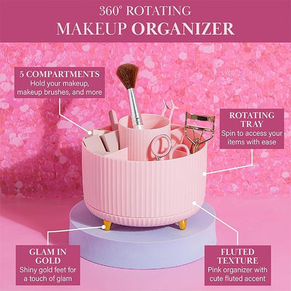 Paris Hilton 360° Rotating Makeup Brush Holder, Fluted Design with 5 Compartments, Glam Organizer for Brushes & Tools, Pink