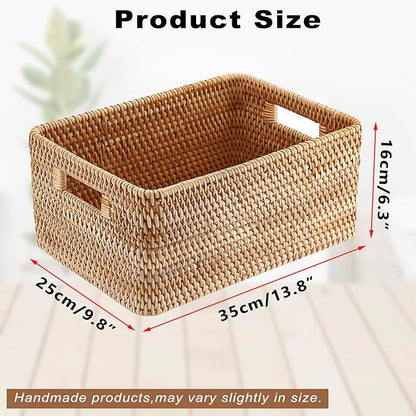 Hipiwe Handwoven Wicker Basket for Organizing Natural Rattan Basket with Handles Rectangular Closet Organizer Bin Multipurpose Storage Box, 13.8" x 9.8" x 6.3"
