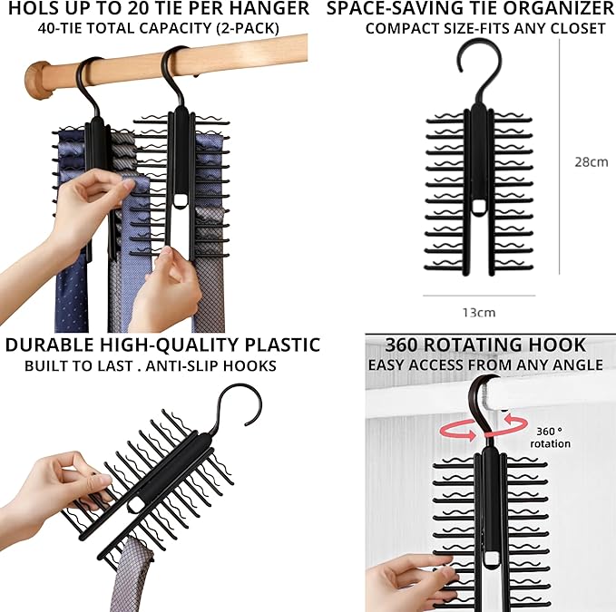 Tie Hanger for Men – 2 Pack Space-Saving Tie Organizer for Closet – Durable Plastic Scarf & Belt Hanger – 20-Tie Capacity Rack, Black – Closet Organizer for Ties, Scarves & Accessories
