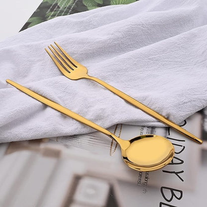 24 Piece Hanging Flatware Set, Stainless Steel Family Kitchen Utensil Set with Rack, Cutlery set for 6 with Holder, Silverware Sets with Holder, Hanging flatware set, Mirror Polished(Gold)