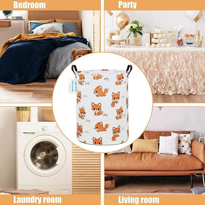 Laundry Basket Canvas Fabric Collapsible Organizer Basket for Storage Bin Toy Bins Gift Baskets Bedroom Clothes Children Nursery Hamper (Round Fox)