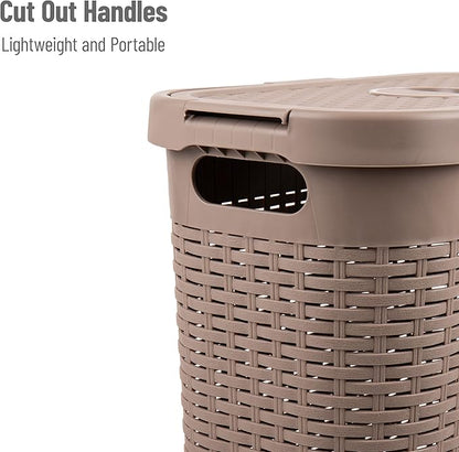 Mind Reader Slim Laundry Hamper with Lid, 40L Clothes Basket, Narrow Tapered Design with Ventilated Cutout Pattern, Plastic, Tan