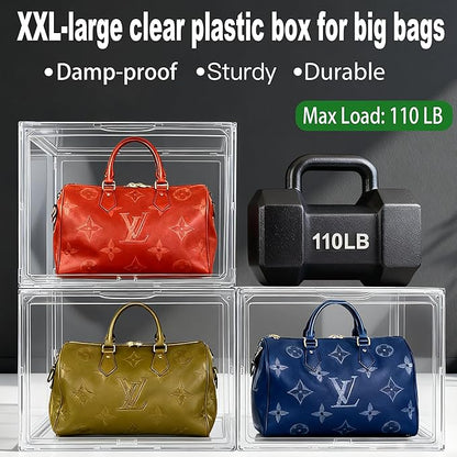 5 Pack XXX-Large Acrylic Purse Organizer for Closet, 17.3''x13''x13 Clear Display Case Bag Handbag Storage Box with Magnetic Lid, Plastic Storage Bins for Helmet, Tall Boots, Large Figure Collectibles