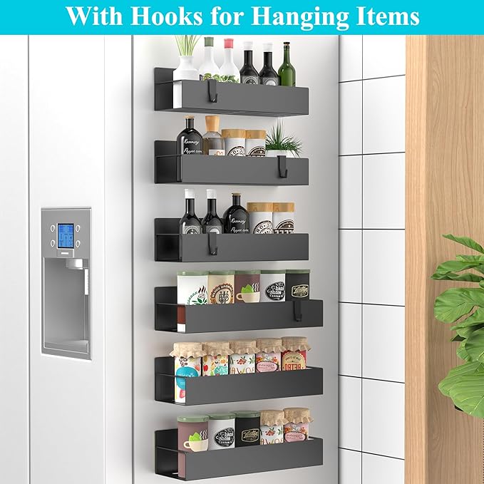 HuggieGems 6 Pack Magnetic Spice Storage Rack Organizer for Refrigerator and Oven, Matt Black Fridge Organizers and Storage