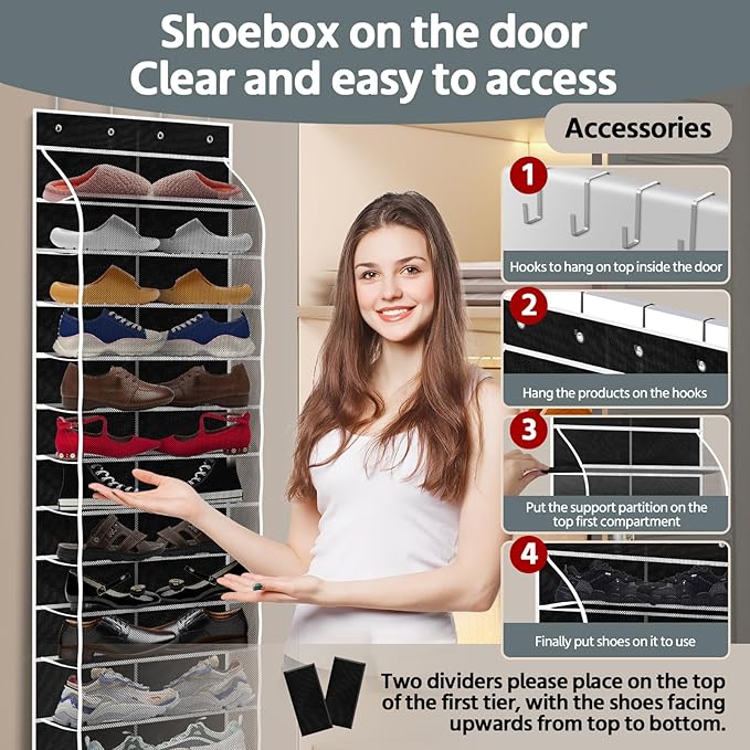 PAULONE 12 Pocket Over the Door Shoe Organizer,Reusable Breathable Large Mesh Bag Men's & Women's Sneaker Organizer,Shoe Organizer for Kids,Hanging Shoe Storage Hanging Bag (Black)
