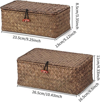 Moosky Wicker Shelf Baskets with Lid,Handwoven Seagrass Basket for Storage Basket Bins Rectangular Home Organizer Gift Boxes (Coffee Set of 2)