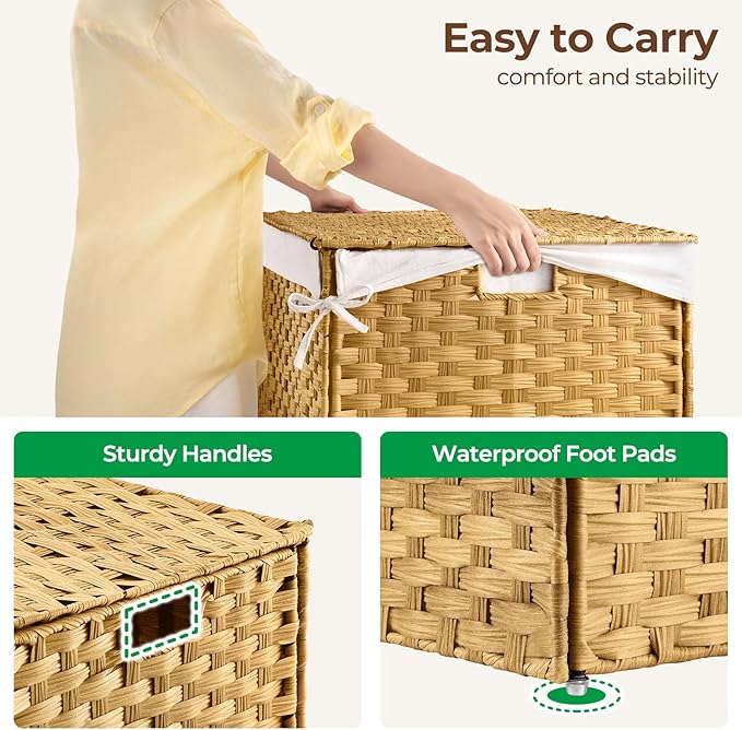 GREENSTELL Storage Basket with Lid, 42.3 Gallon(160L) Lagre Wicker Blanket Storage Basket with Handles, Foldable, 2 Removable Liner Bags, Metal Frame, for Bedroom, Laundry Room, Brown,30"*18.1"*18.1"