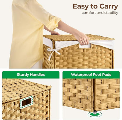 GREENSTELL Storage Basket with Lid, 42.3 Gallon(160L) Lagre Wicker Blanket Storage Basket with Handles, Foldable, 2 Removable Liner Bags, Metal Frame, for Bedroom, Laundry Room, Brown,30"*18.1"*18.1"