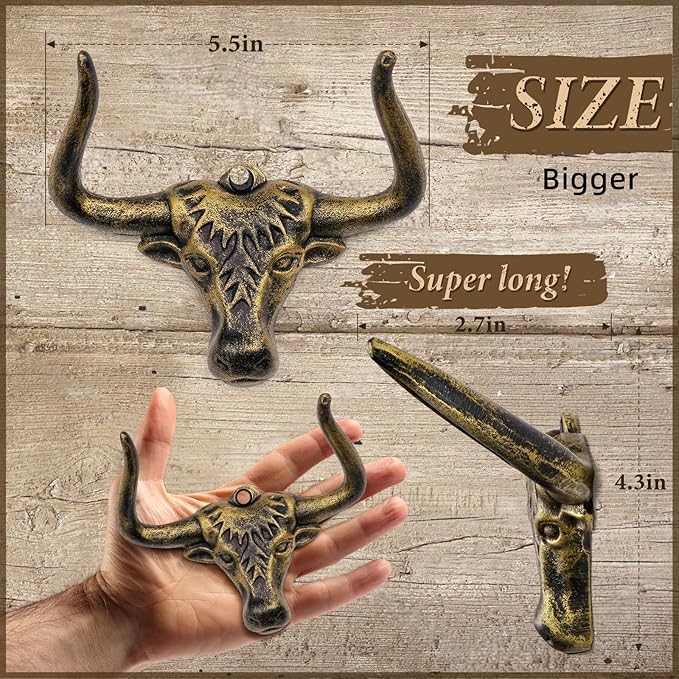 Cowboy Hat Hooks for Wall 2 Pack Bull Head Metal Cowboy Hat Holder Rack Cast Iron Hanger Vintage Western Decor Longhorn Hooks Gold Wall Decor Animal Hooks for Closet Bedroom Living Room Western Gifts