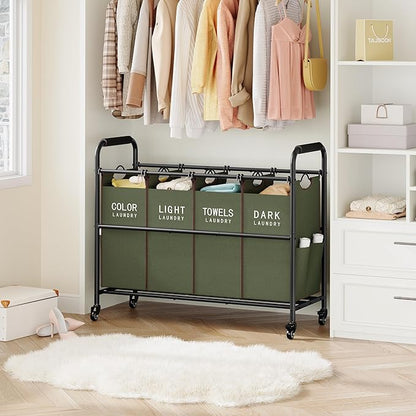 Tajsoon 4 Bag Laundry Sorter Cart, 4 Section Laundry Hamper Sorter with Heavy Duty Lockable Rolling Wheels, Laundry Separator Hamper with Removable Bags for Dirty Clothes Storage, Green