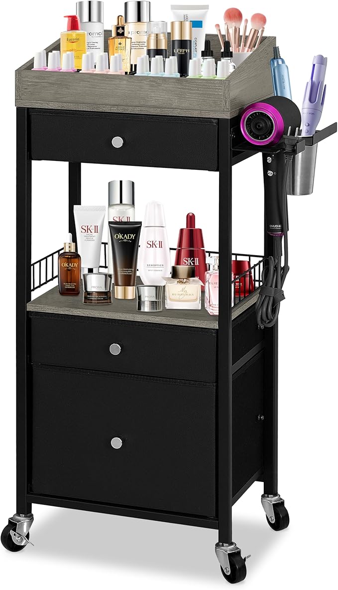 Makeup Organizer Cart with 3 Drawers, Rolling Cosmetic Storage Cart with Adjustable Dividers, Detachable Hair Tool Holder & Lockable Wheels, Vanity Organizer for Small Spaces, Black & Grey
