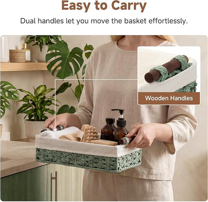 StorageWorks Small Baskets for Organizing with Handles and Liner, Wicker Toilet Paper Basket for Back of Toilet, Green Paper Rope Bathroom Basket Organizer and Storage for Sage Green Decor, 2 Pack